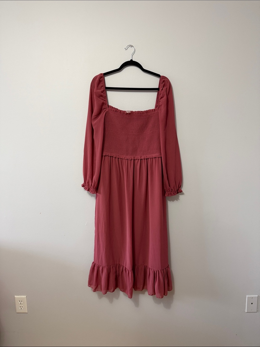 RD Style Rose-Pink Smocked Square Neck Long Sleeve Midi Dress